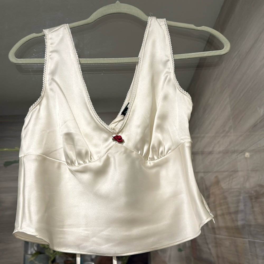 Deep V-Neck Satin Blouse with Rose detail
